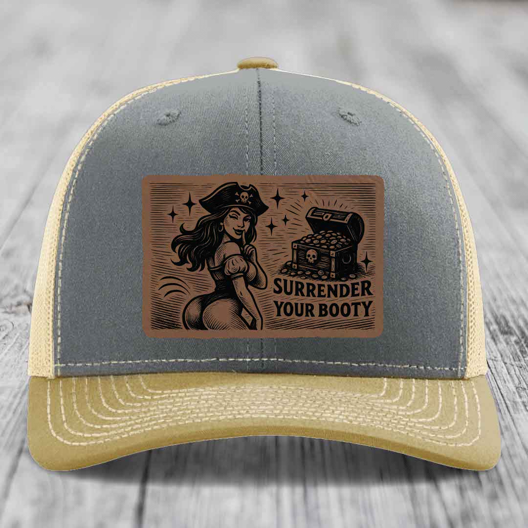 Surrender Your Booty - Leather Patch Hat - Dark Brown to Black Patch - Richardson 112 Snapback Trucker Hat