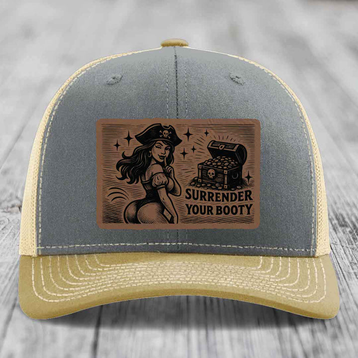 Surrender Your Booty - Leather Patch Hat - Dark Brown to Black Patch - Richardson 112 Snapback Trucker Hat