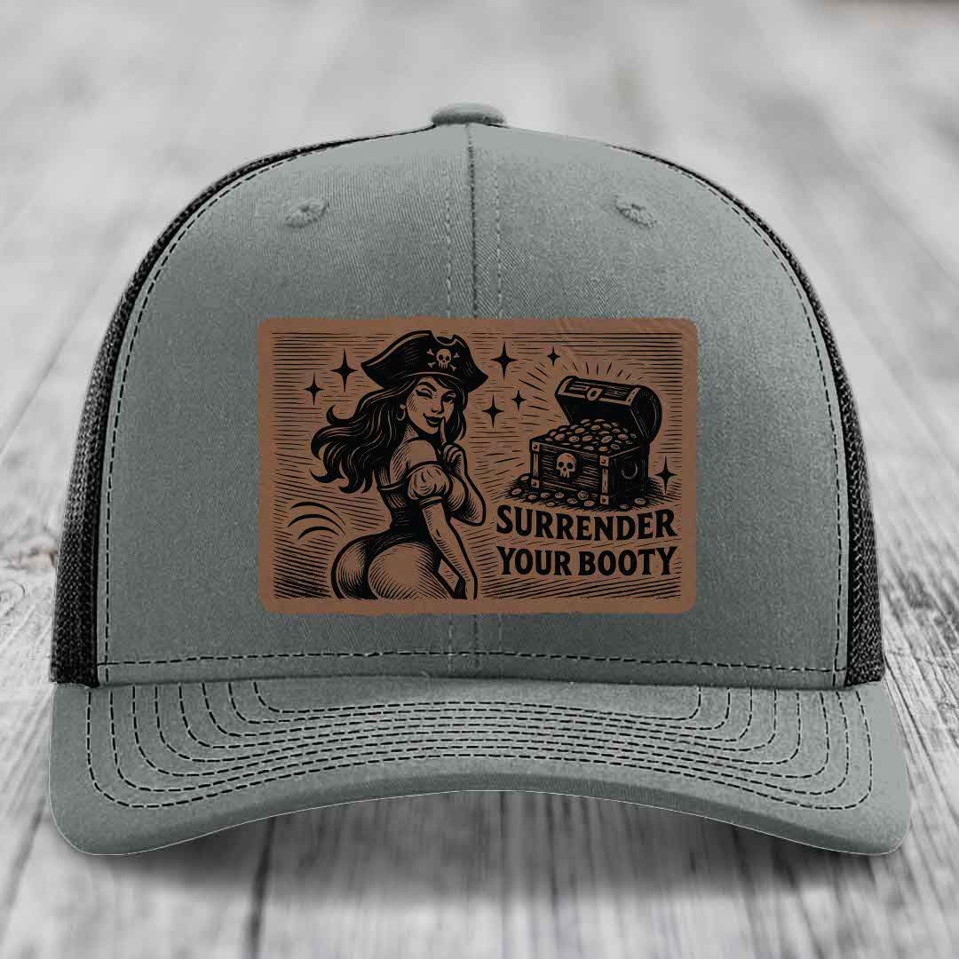Surrender Your Booty - Leather Patch Hat - Dark Brown to Black Patch - Richardson 112 Snapback Trucker Hat