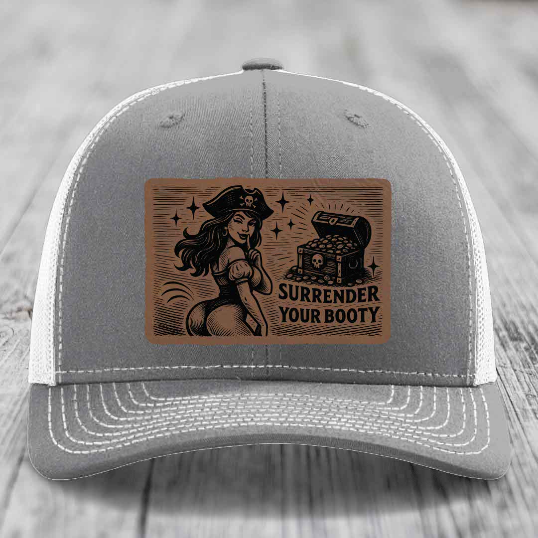 Surrender Your Booty - Leather Patch Hat - Dark Brown to Black Patch - Richardson 112 Snapback Trucker Hat