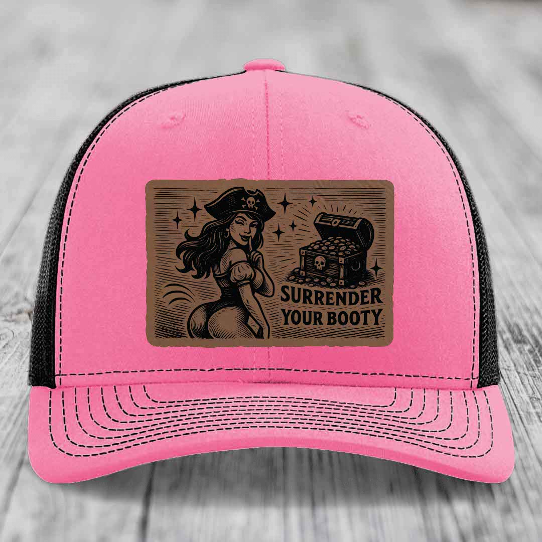 Surrender Your Booty - Leather Patch Hat - Dark Brown to Black Patch - Richardson 112 Snapback Trucker Hat