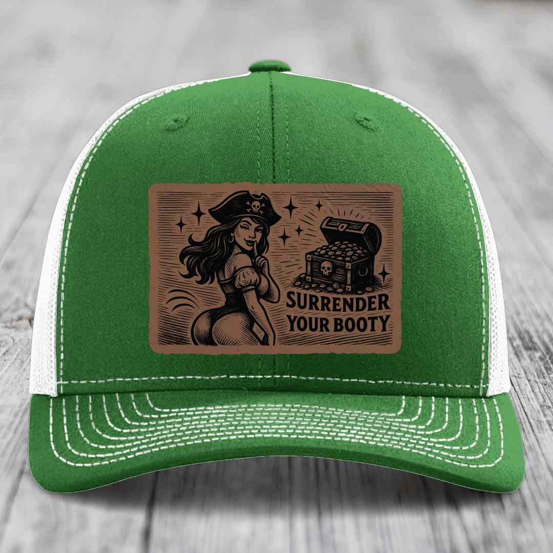 Surrender Your Booty - Leather Patch Hat - Dark Brown to Black Patch - Richardson 112 Snapback Trucker Hat