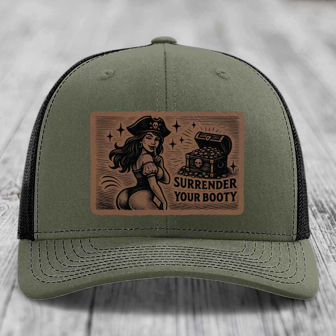 Surrender Your Booty - Leather Patch Hat - Dark Brown to Black Patch - Richardson 112 Snapback Trucker Hat
