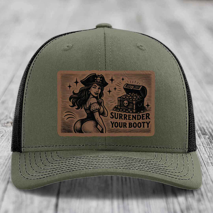 Surrender Your Booty - Leather Patch Hat - Dark Brown to Black Patch - Richardson 112 Snapback Trucker Hat