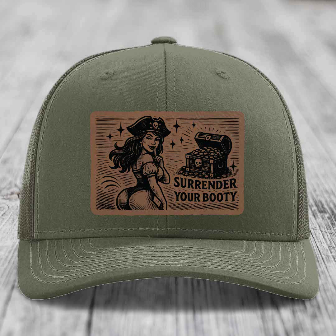 Surrender Your Booty - Leather Patch Hat - Dark Brown to Black Patch - Richardson 112 Snapback Trucker Hat