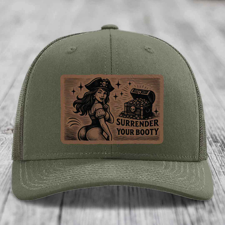 Surrender Your Booty - Leather Patch Hat - Dark Brown to Black Patch - Richardson 112 Snapback Trucker Hat