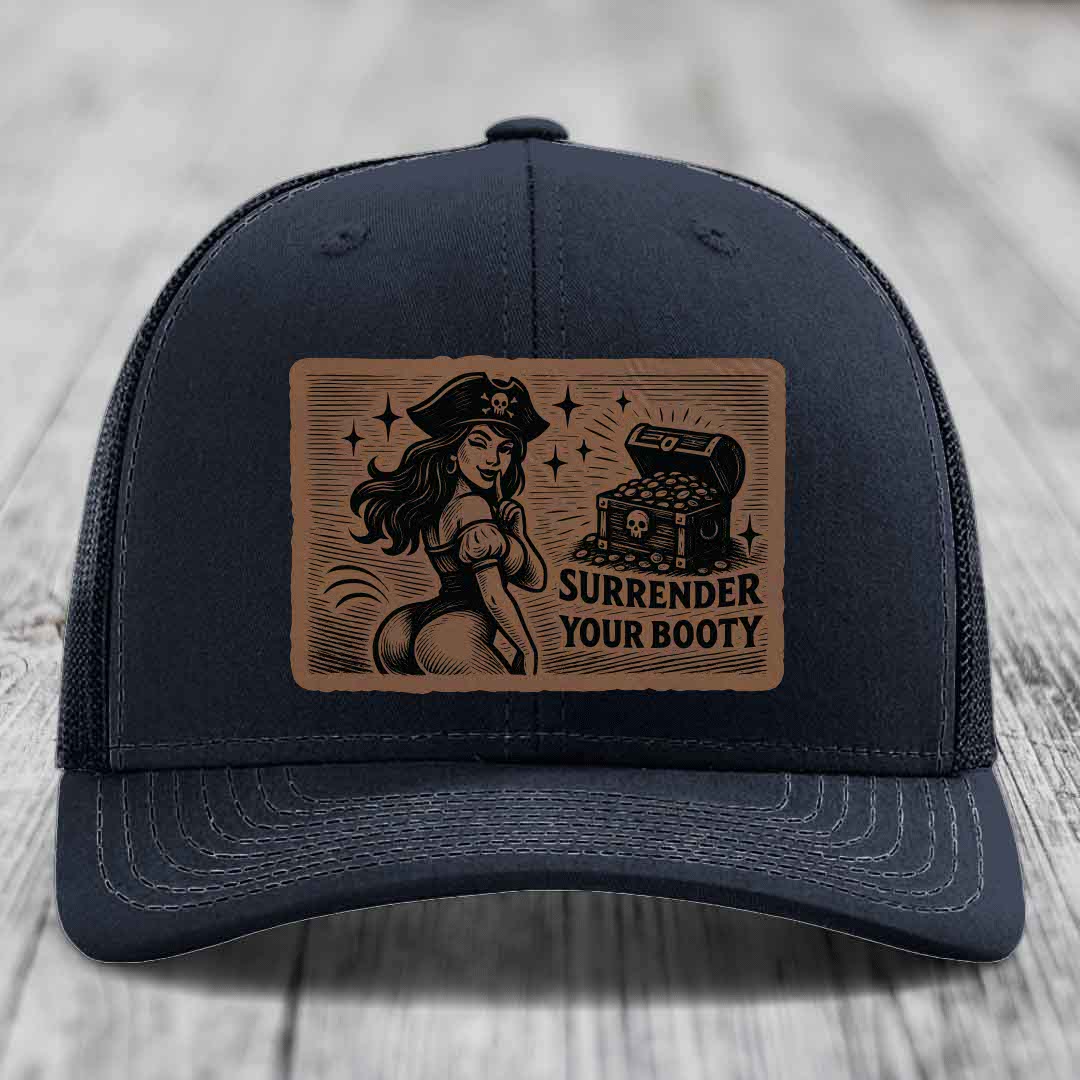Surrender Your Booty - Leather Patch Hat - Dark Brown to Black Patch - Richardson 112 Snapback Trucker Hat