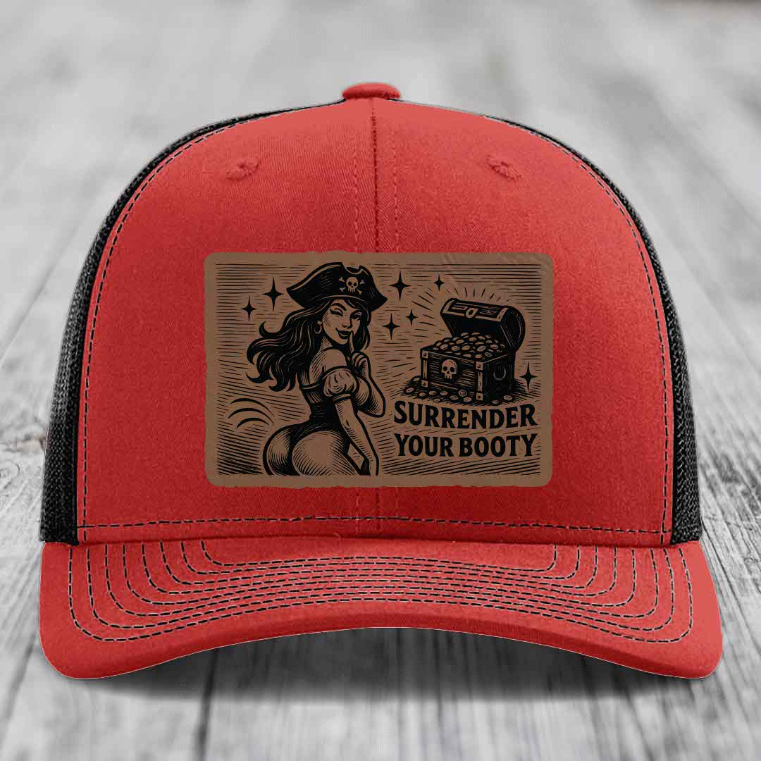 Surrender Your Booty - Leather Patch Hat - Dark Brown to Black Patch - Richardson 112 Snapback Trucker Hat