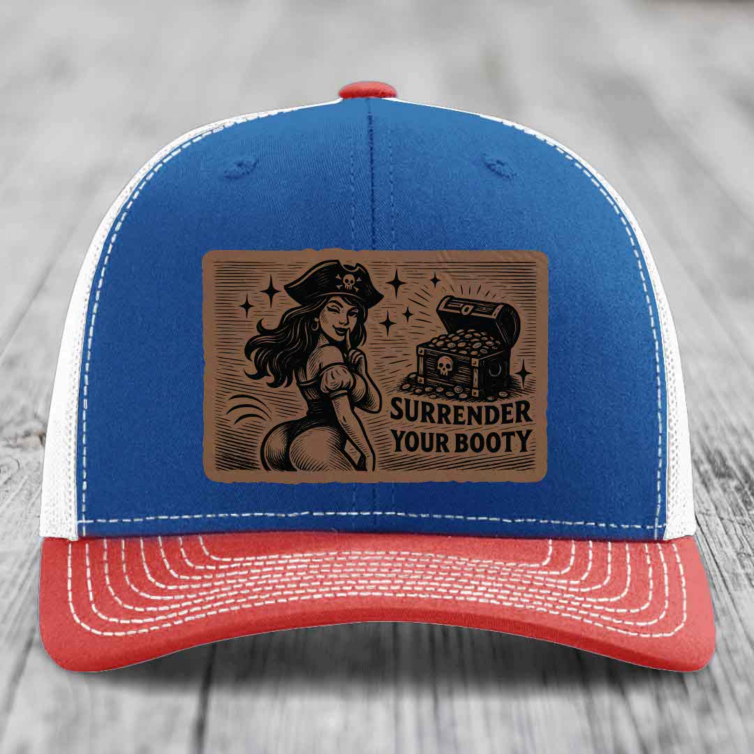 Surrender Your Booty - Leather Patch Hat - Dark Brown to Black Patch - Richardson 112 Snapback Trucker Hat