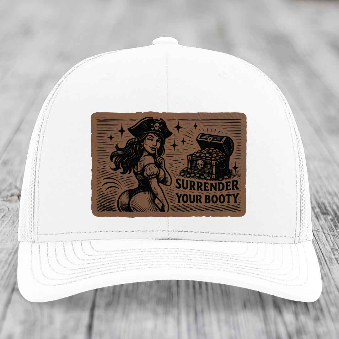 Surrender Your Booty - Leather Patch Hat - Dark Brown to Black Patch - Richardson 112 Snapback Trucker Hat