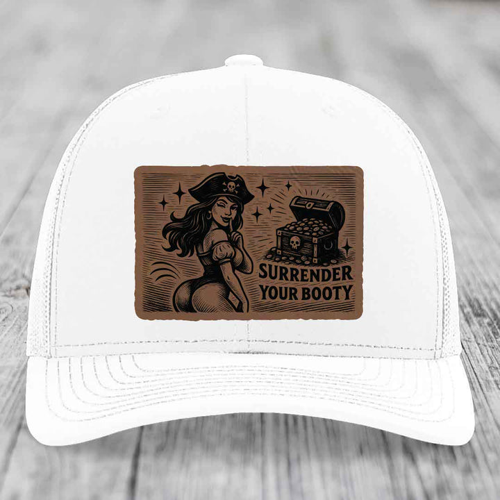Surrender Your Booty - Leather Patch Hat - Dark Brown to Black Patch - Richardson 112 Snapback Trucker Hat