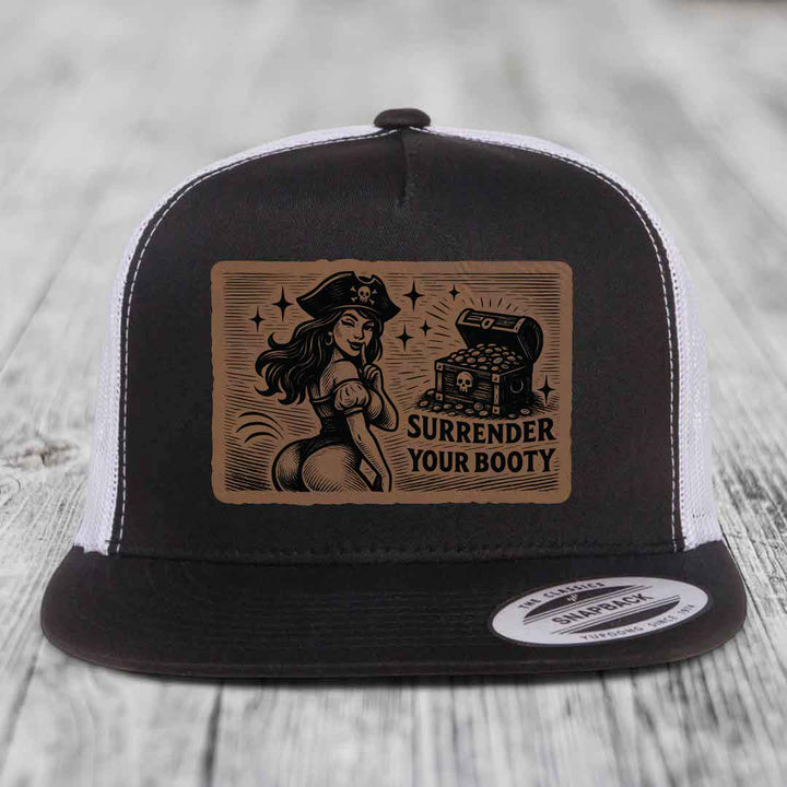 Surrender Your Booty - Leather Patch Hat - Dark Brown to Black Patch - Yupoong 6006 Snapback Flatbill Hat