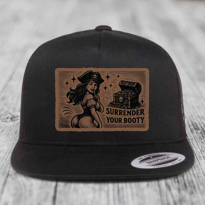 Surrender Your Booty - Leather Patch Hat - Dark Brown to Black Patch - Yupoong 6006 Snapback Flatbill Hat