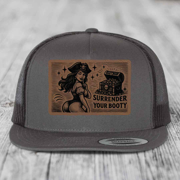Surrender Your Booty - Leather Patch Hat - Dark Brown to Black Patch - Yupoong 6006 Snapback Flatbill Hat