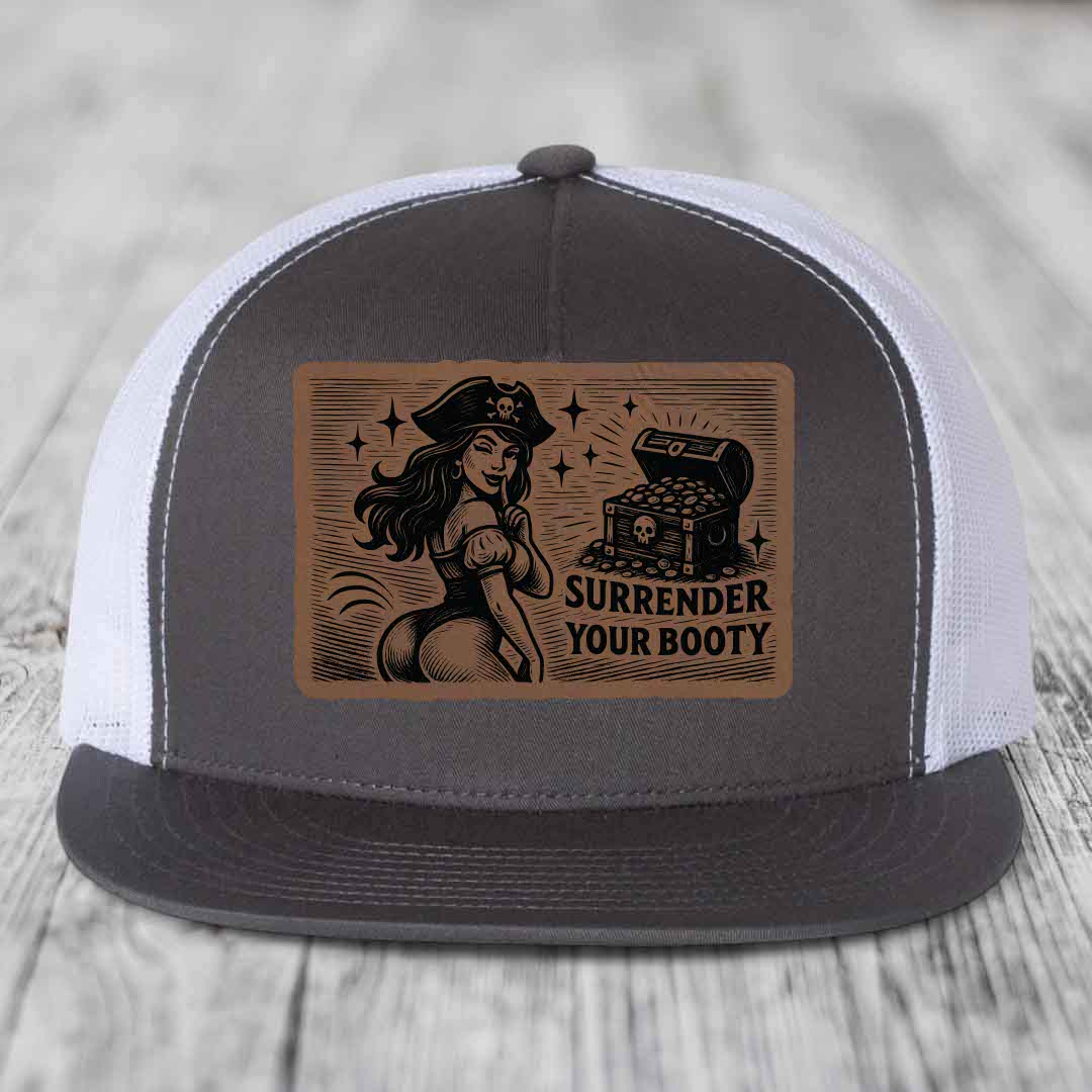 Surrender Your Booty - Leather Patch Hat - Dark Brown to Black Patch - Yupoong 6006 Snapback Flatbill Hat