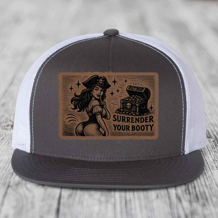 Surrender Your Booty - Leather Patch Hat - Dark Brown to Black Patch - Yupoong 6006 Snapback Flatbill Hat