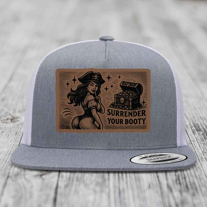 Surrender Your Booty - Leather Patch Hat - Dark Brown to Black Patch - Yupoong 6006 Snapback Flatbill Hat