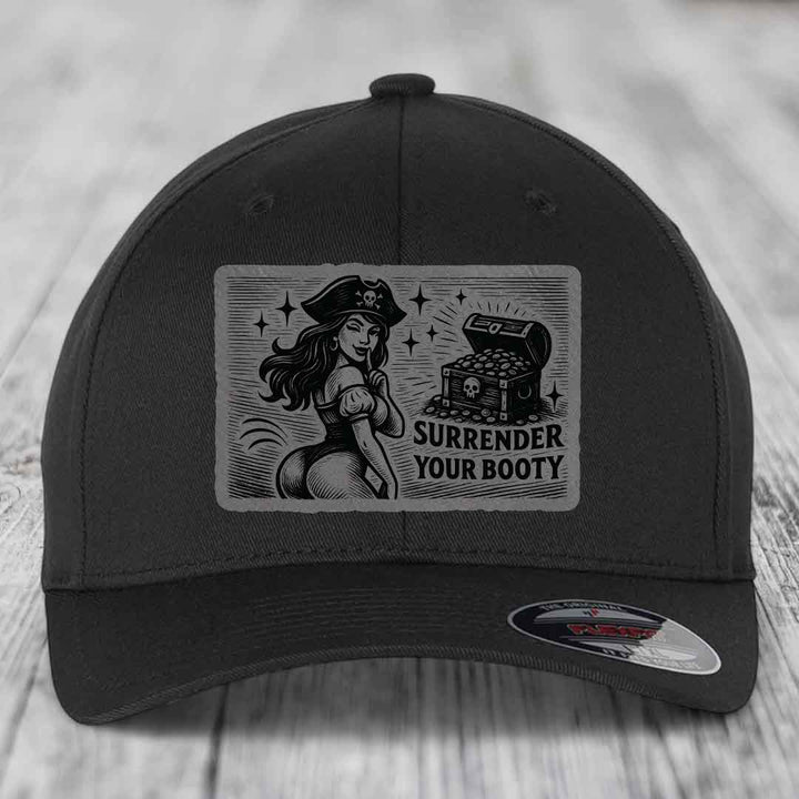 Surrender Your Booty - Leather Patch Hat - Grey to Black Patch - Flexfit 6277 Fitted Hat