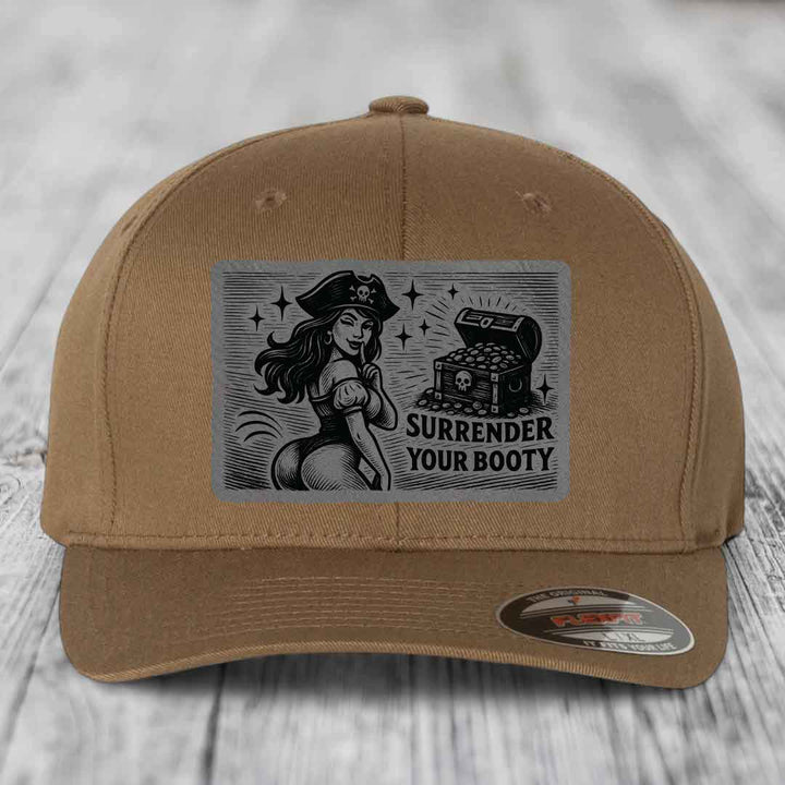 Surrender Your Booty - Leather Patch Hat - Grey to Black Patch - Flexfit 6277 Fitted Hat