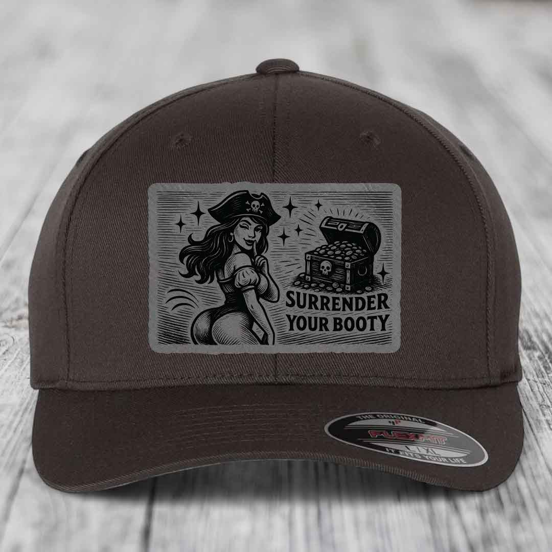 Surrender Your Booty - Leather Patch Hat - Grey to Black Patch - Flexfit 6277 Fitted Hat