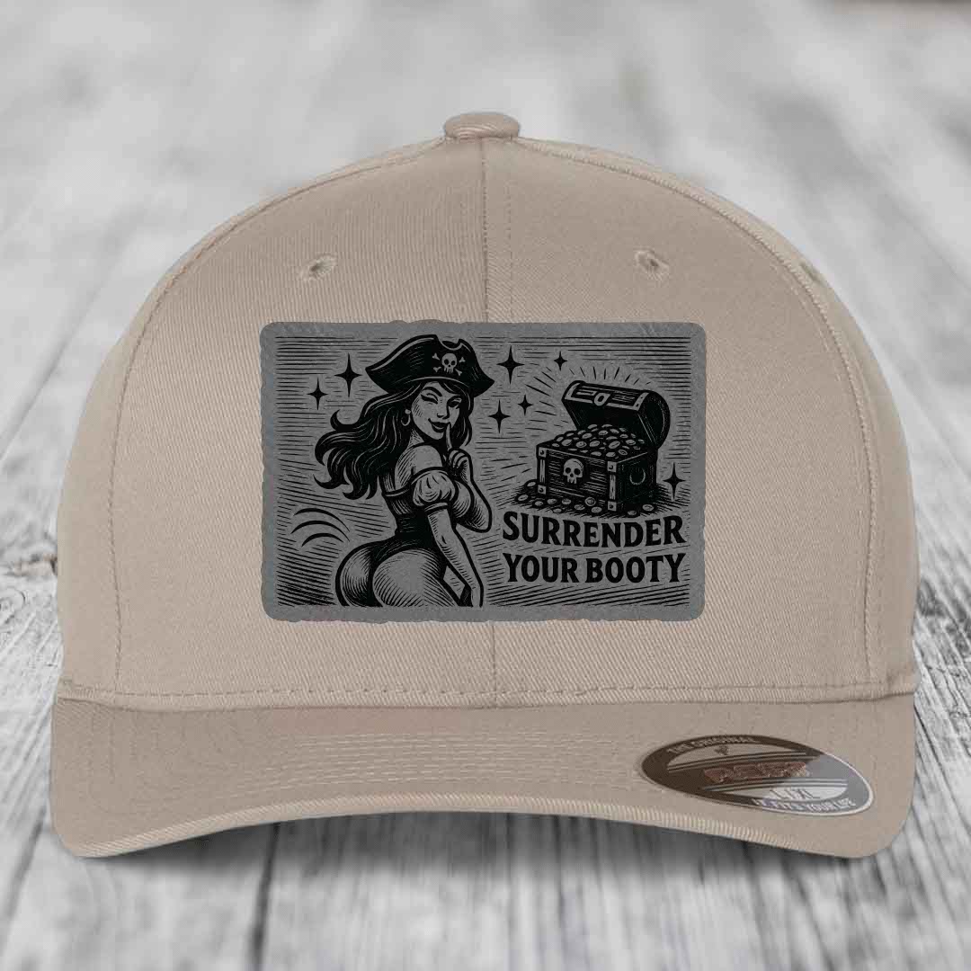 Surrender Your Booty - Leather Patch Hat - Grey to Black Patch - Flexfit 6277 Fitted Hat