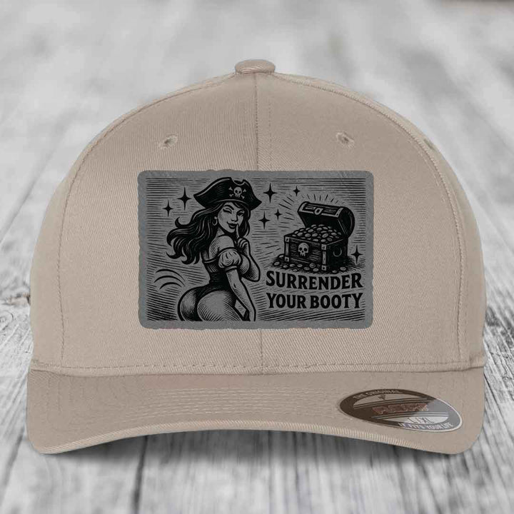Surrender Your Booty - Leather Patch Hat - Grey to Black Patch - Flexfit 6277 Fitted Hat
