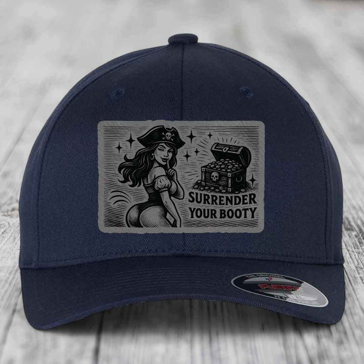 Surrender Your Booty - Leather Patch Hat - Grey to Black Patch - Flexfit 6277 Fitted Hat