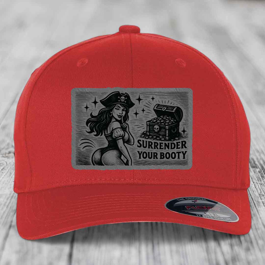 Surrender Your Booty - Leather Patch Hat - Grey to Black Patch - Flexfit 6277 Fitted Hat