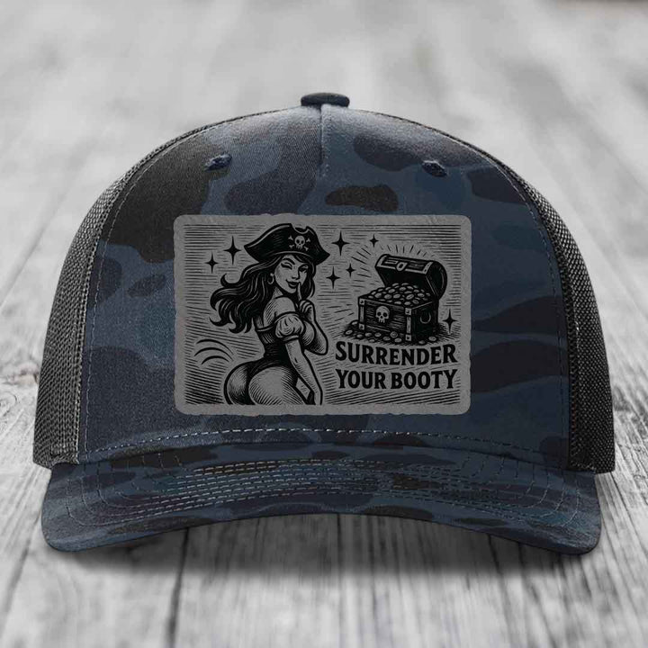 Surrender Your Booty - Leather Patch Hat - Grey to Black Patch - Richardson 112PFP Snapback Trucker Hat