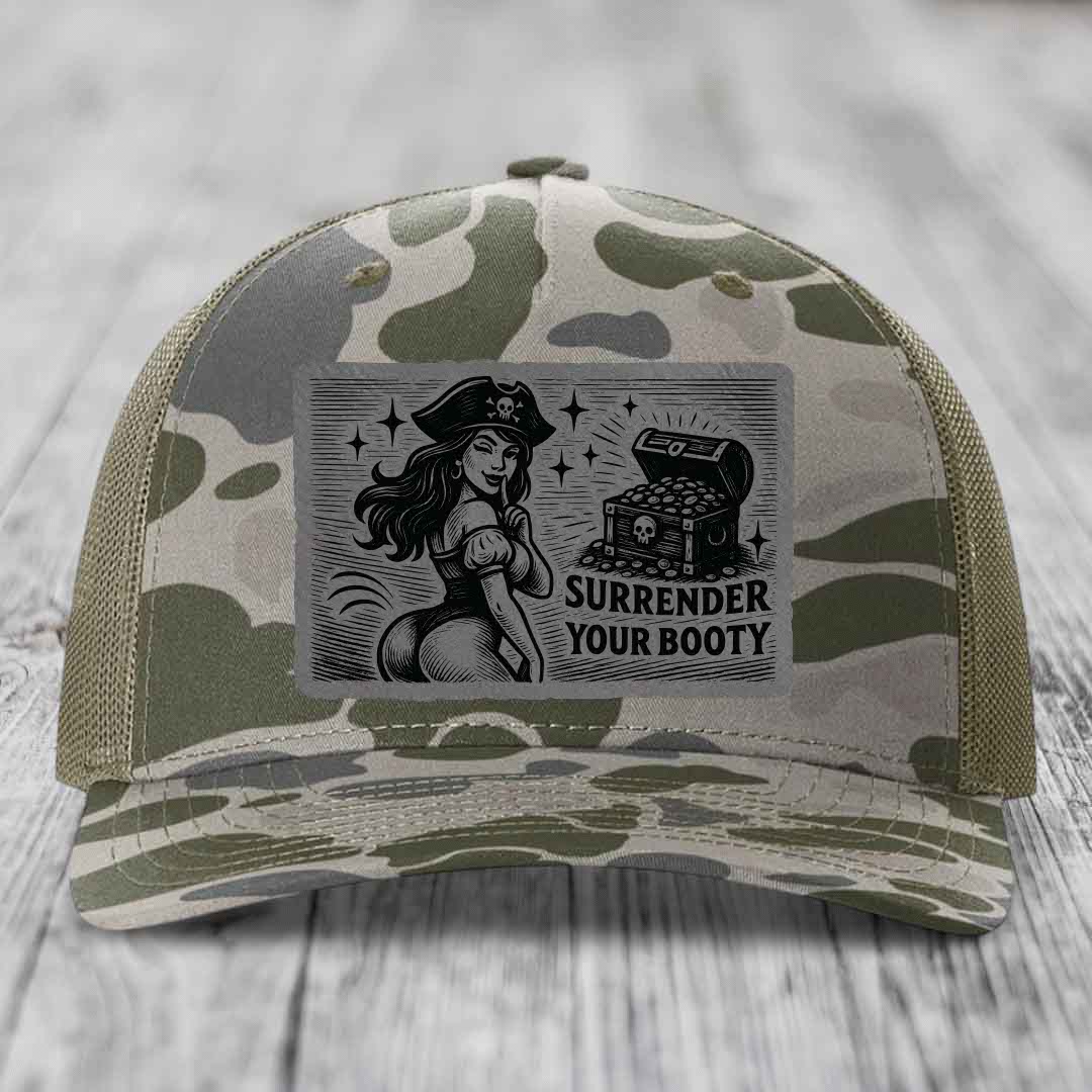 Surrender Your Booty - Leather Patch Hat - Grey to Black Patch - Richardson 112PFP Snapback Trucker Hat