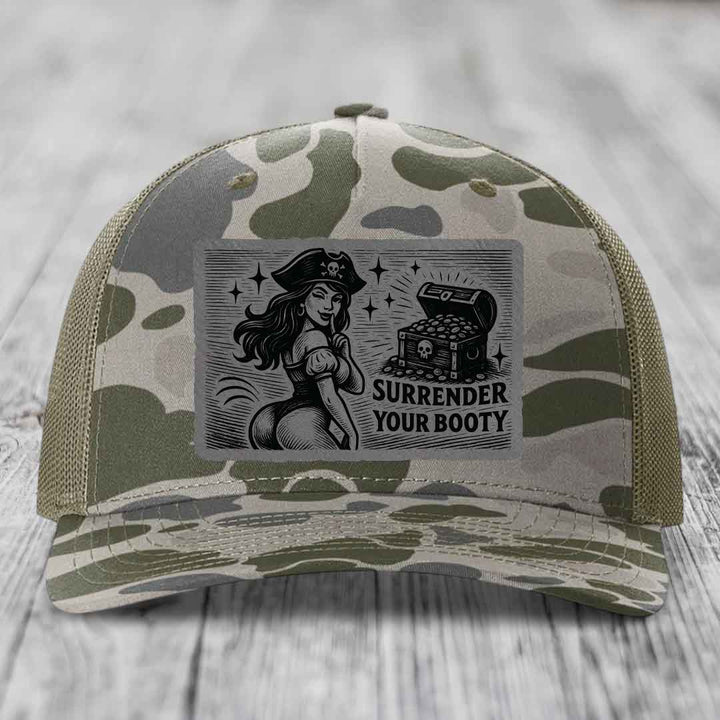Surrender Your Booty - Leather Patch Hat - Grey to Black Patch - Richardson 112PFP Snapback Trucker Hat