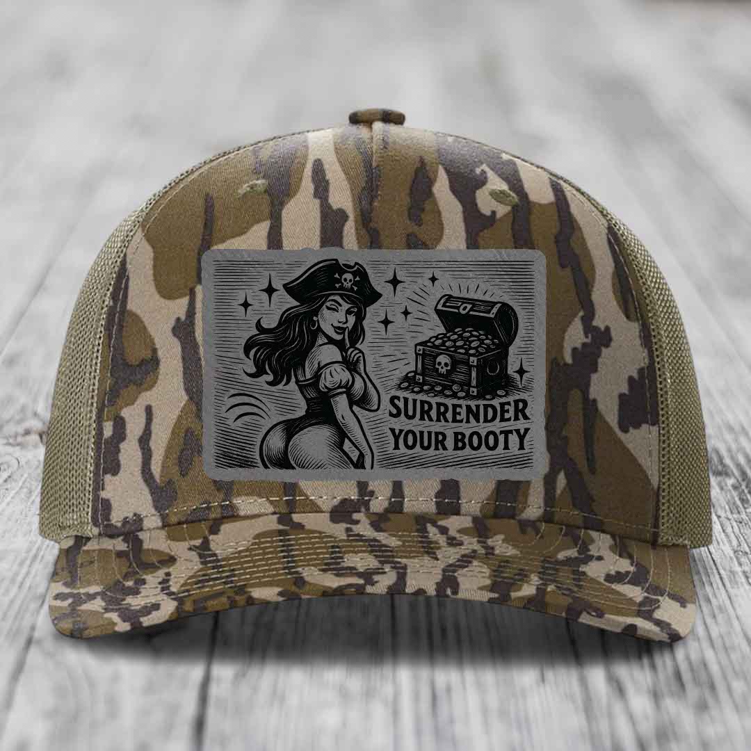 Surrender Your Booty - Leather Patch Hat - Grey to Black Patch - Richardson 112PFP Snapback Trucker Hat