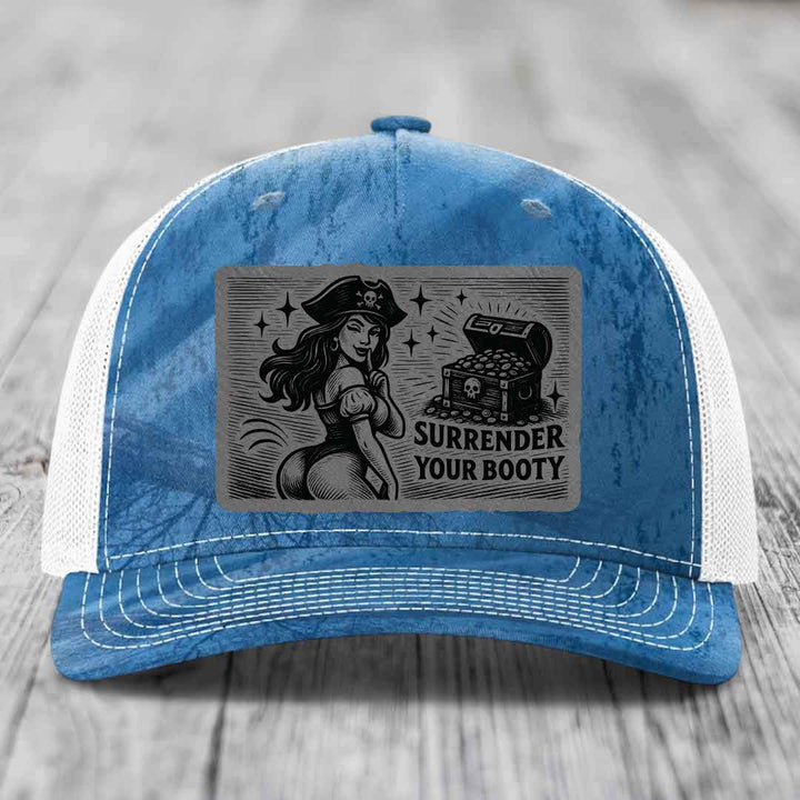 Surrender Your Booty - Leather Patch Hat - Grey to Black Patch - Richardson 112PFP Snapback Trucker Hat