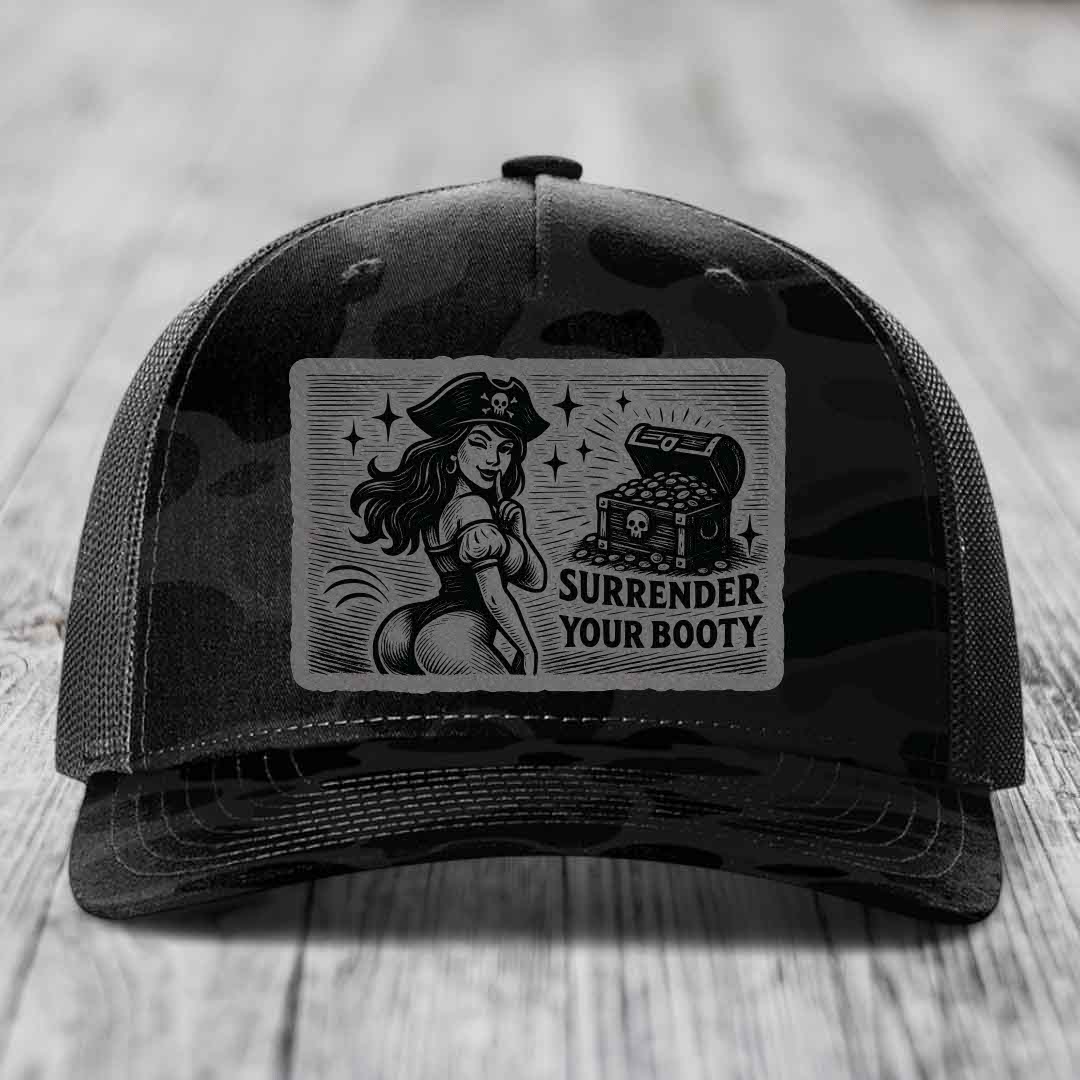 Surrender Your Booty - Leather Patch Hat - Grey to Black Patch - Richardson 112PFP Snapback Trucker Hat