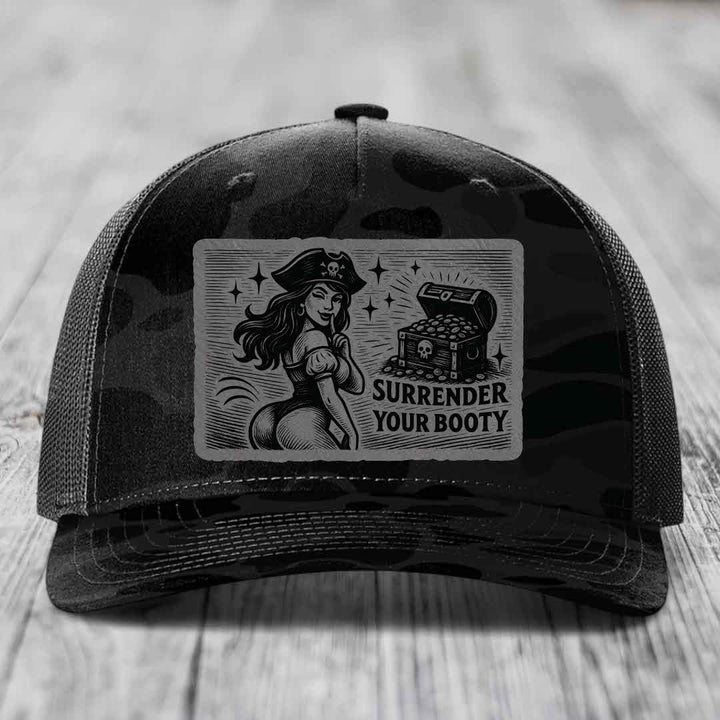 Surrender Your Booty - Leather Patch Hat - Grey to Black Patch - Richardson 112PFP Snapback Trucker Hat