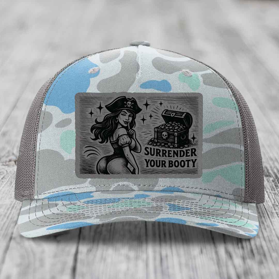 Surrender Your Booty - Leather Patch Hat - Grey to Black Patch - Richardson 112PFP Snapback Trucker Hat