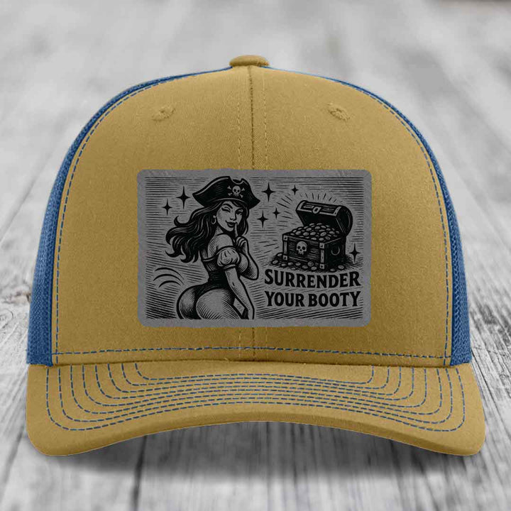 Surrender Your Booty - Leather Patch Hat - Grey to Black Patch - Richardson 112 Snapback Trucker Hat