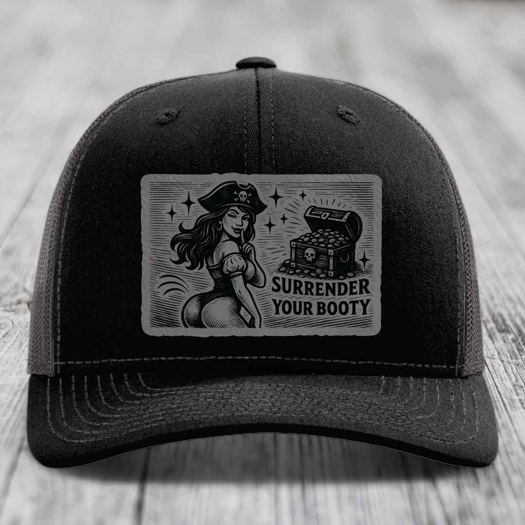 Surrender Your Booty - Leather Patch Hat - Grey to Black Patch - Richardson 112 Snapback Trucker Hat