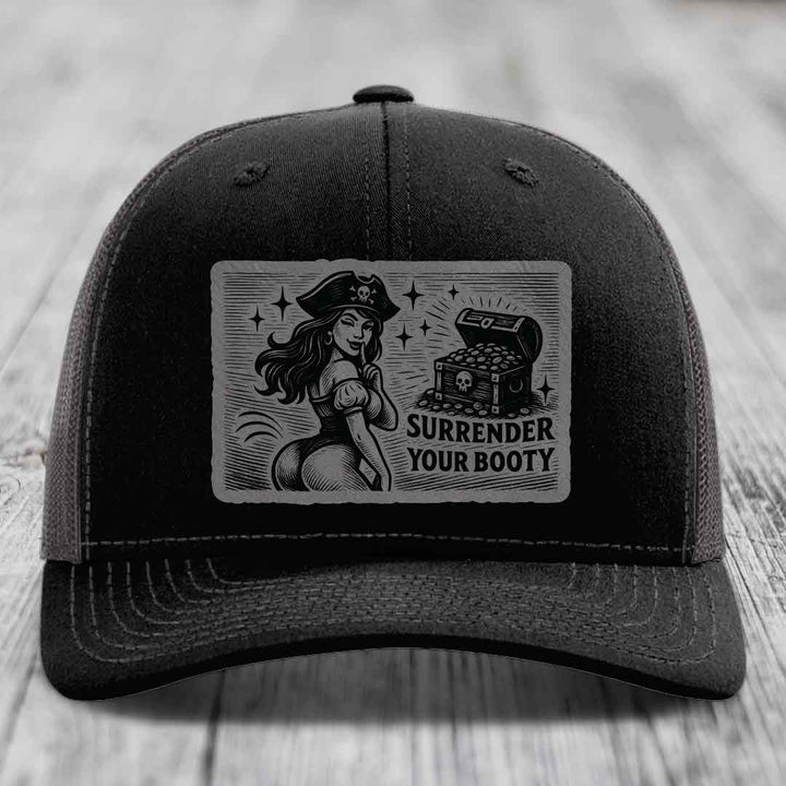 Surrender Your Booty - Leather Patch Hat - Grey to Black Patch - Richardson 112 Snapback Trucker Hat