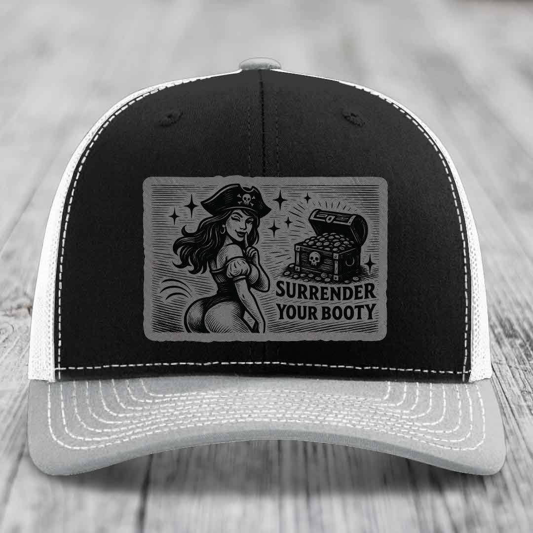 Surrender Your Booty - Leather Patch Hat - Grey to Black Patch - Richardson 112 Snapback Trucker Hat