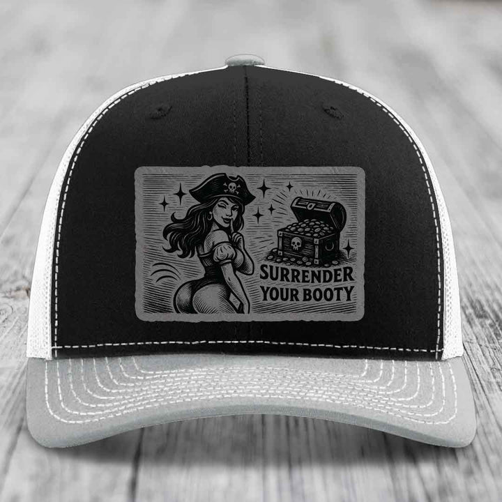 Surrender Your Booty - Leather Patch Hat - Grey to Black Patch - Richardson 112 Snapback Trucker Hat