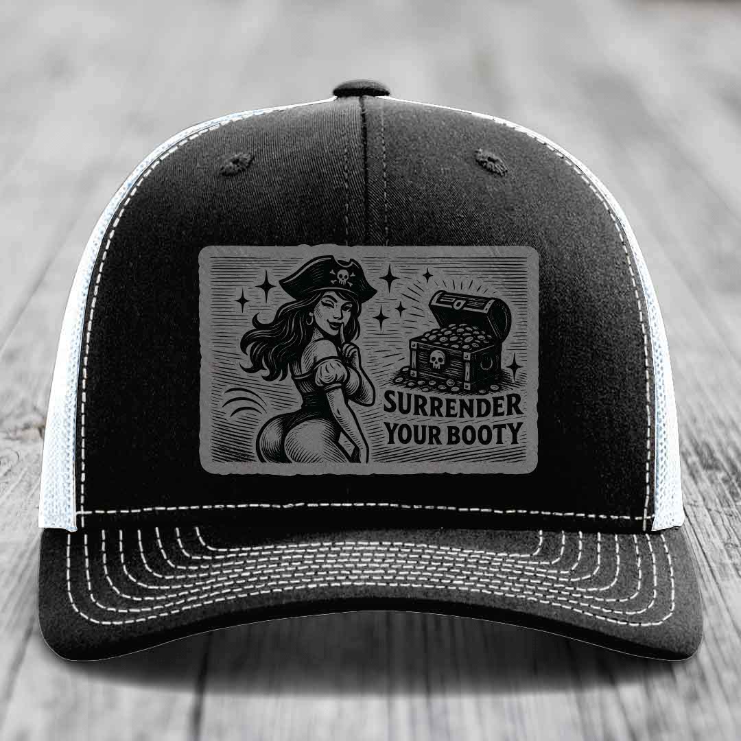 Surrender Your Booty - Leather Patch Hat - Grey to Black Patch - Richardson 112 Snapback Trucker Hat