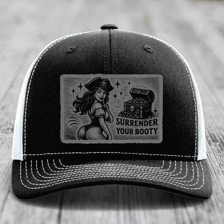 Surrender Your Booty - Leather Patch Hat - Grey to Black Patch - Richardson 112 Snapback Trucker Hat