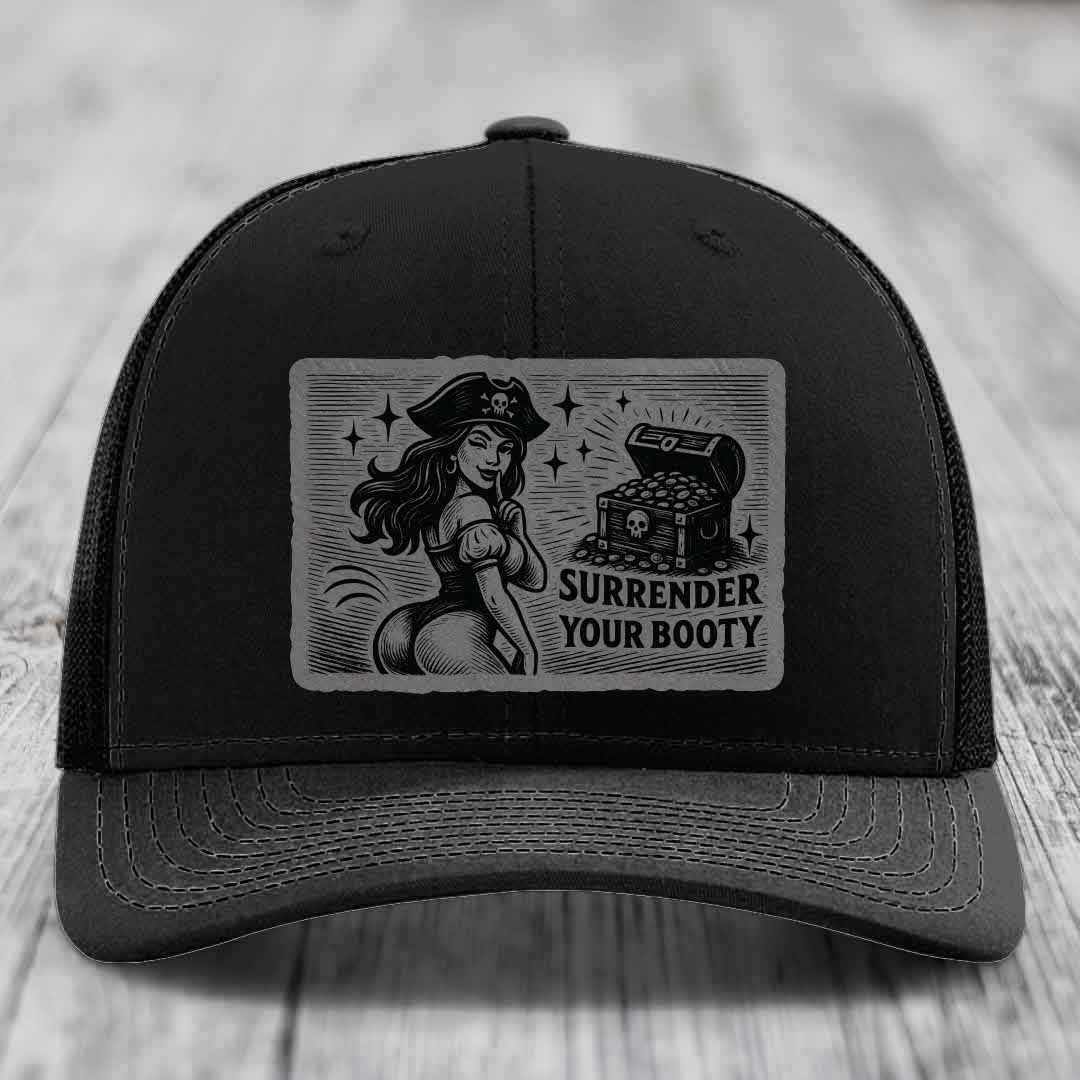 Surrender Your Booty - Leather Patch Hat - Grey to Black Patch - Richardson 112 Snapback Trucker Hat