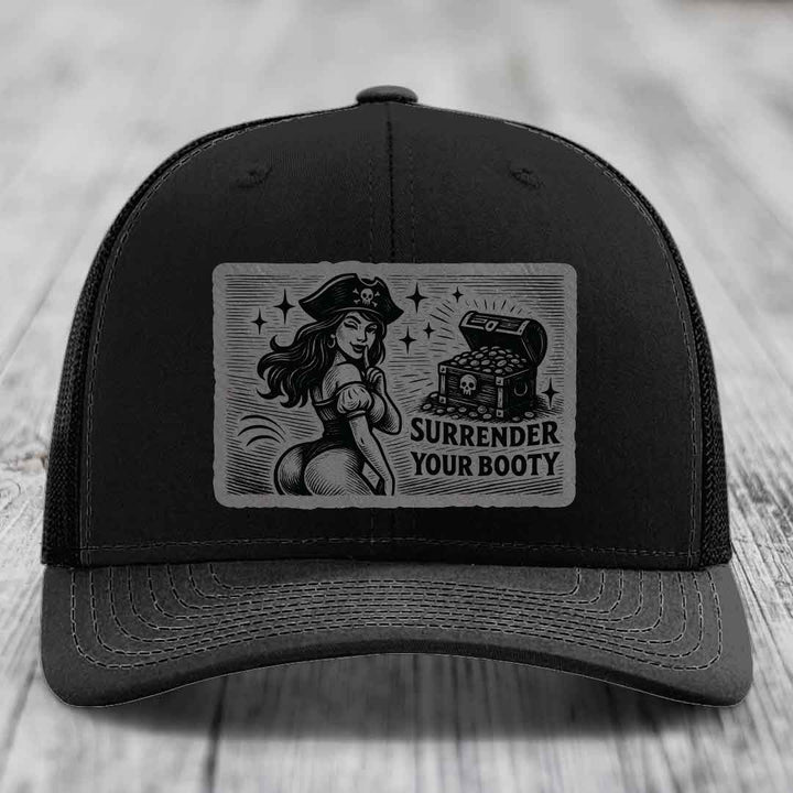 Surrender Your Booty - Leather Patch Hat - Grey to Black Patch - Richardson 112 Snapback Trucker Hat