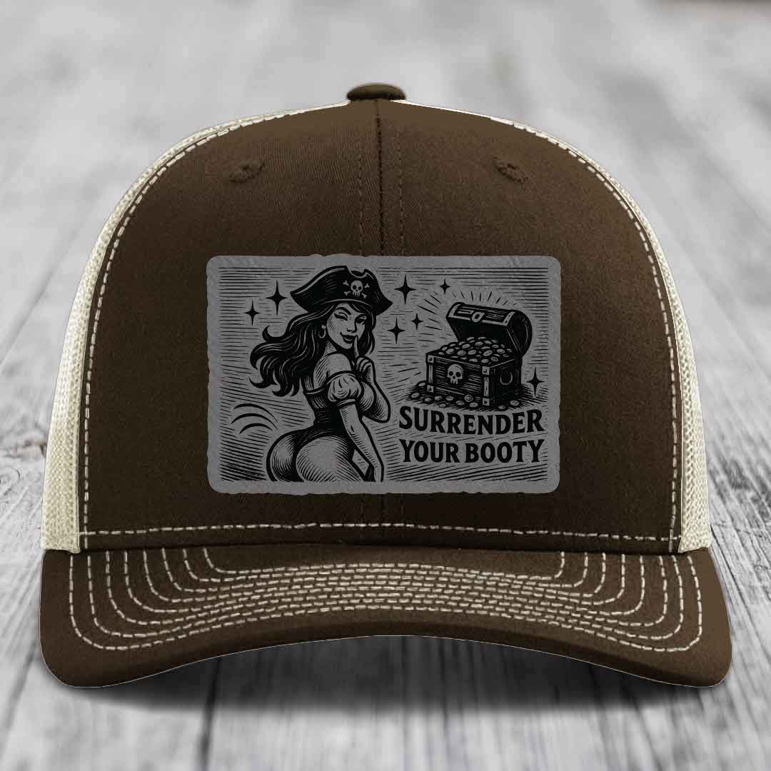 Surrender Your Booty - Leather Patch Hat - Grey to Black Patch - Richardson 112 Snapback Trucker Hat