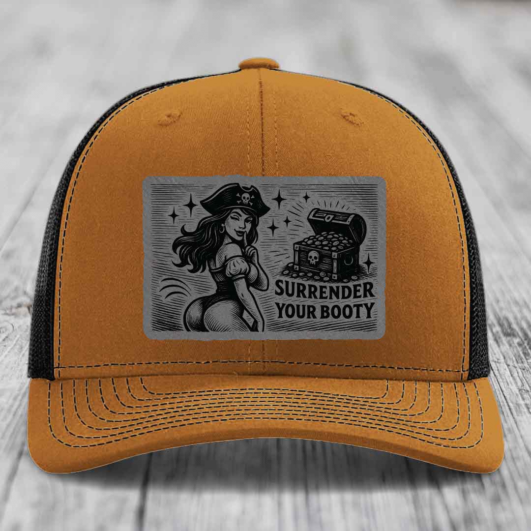 Surrender Your Booty - Leather Patch Hat - Grey to Black Patch - Richardson 112 Snapback Trucker Hat