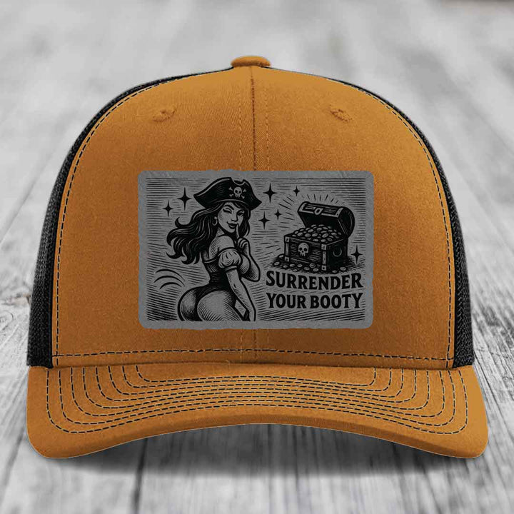 Surrender Your Booty - Leather Patch Hat - Grey to Black Patch - Richardson 112 Snapback Trucker Hat
