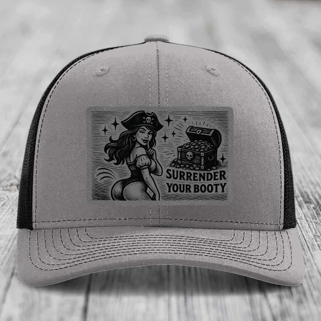 Surrender Your Booty - Leather Patch Hat - Grey to Black Patch - Richardson 112 Snapback Trucker Hat