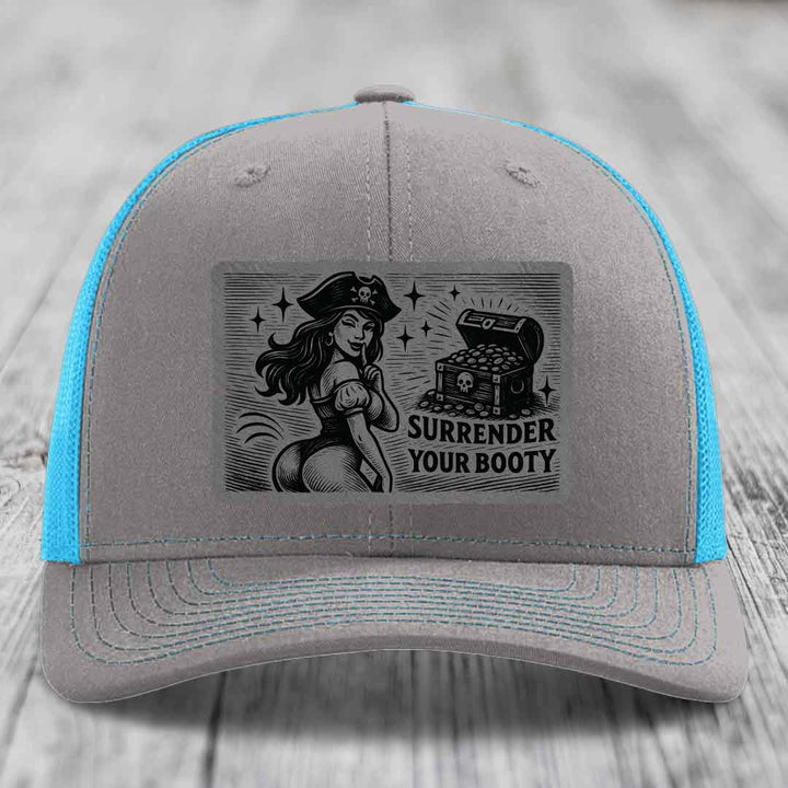 Surrender Your Booty - Leather Patch Hat - Grey to Black Patch - Richardson 112 Snapback Trucker Hat